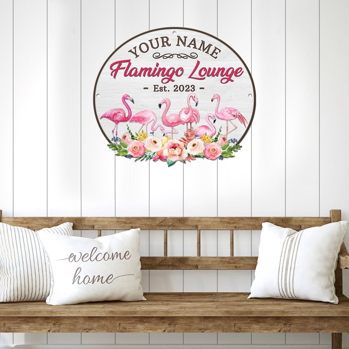MeMate Flamingo House Metal Sign, Flamingo Lounge Signs, Flamingo House Outdoor Décor, Personalized Flamingo Tropical Sign, Flamingo Metal Sign Housewarming Gift for Family Friend