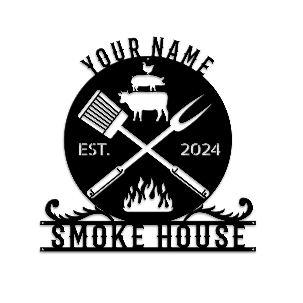 MeMate Smoke House Sign for Patio Decoration, BBQ Zone Patio Sign, Outdoor Decor, Personalized Metal BBQ Sign for Backyard, Custom Name Signs for Backyard, Large Metal Sign for Outside, Housewarming Gifts