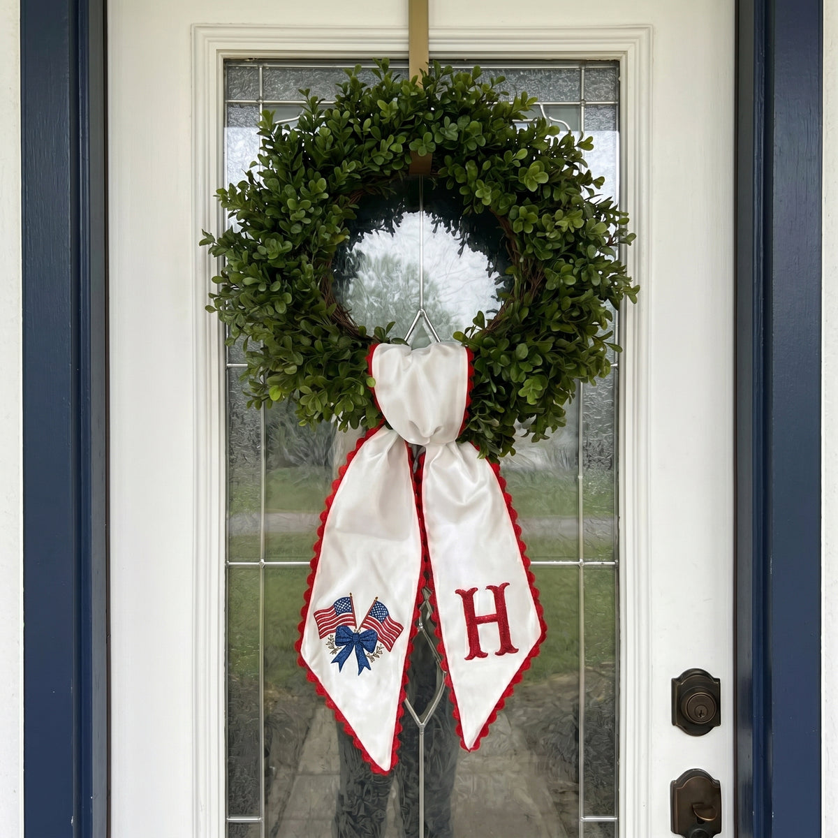 Personalized American Flag Bow Wreath Sash 54x5, Custom Monogram Embroidered American Flag with Bow, Monogram Door Bow, 4th of July Anniversary Decor