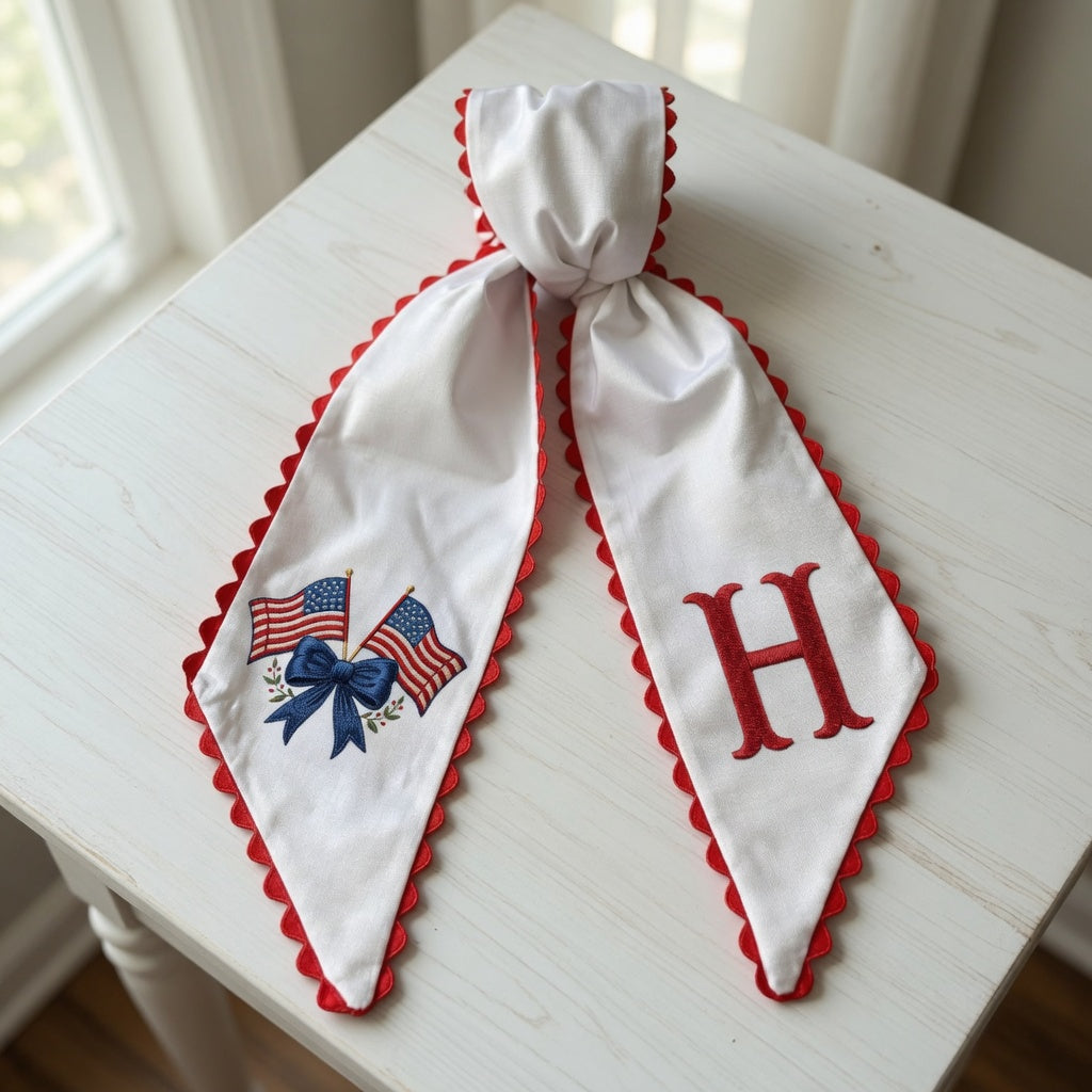 Personalized American Flag Bow Wreath Sash 54x5, Custom Monogram Embroidered American Flag with Bow, Monogram Door Bow, 4th of July Anniversary Decor
