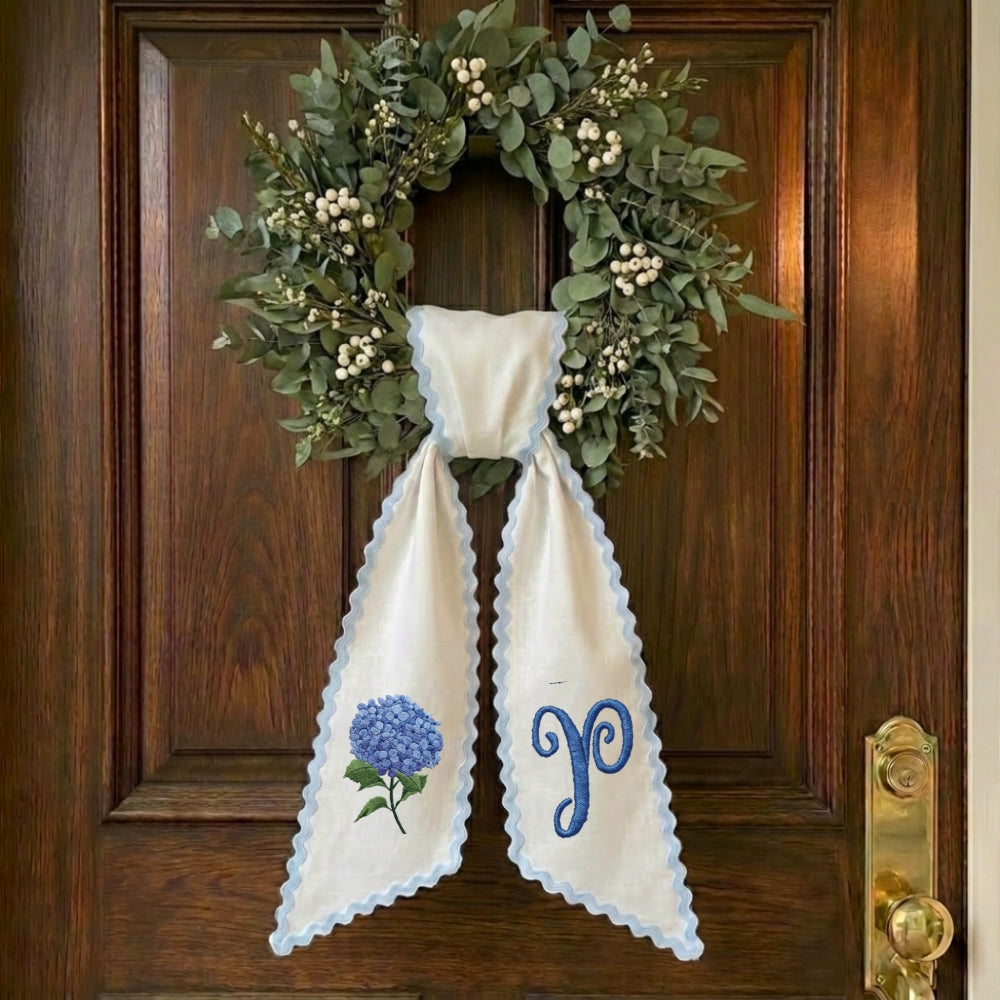 Hydrangea Monogram Wreath Sash Bow for Front Door, Personalized Initial Name, Monogramed Embroidered Ribbon with Adjustable Bow Knot Farmhouse Door Wreath Decor, Gift for Family Friends