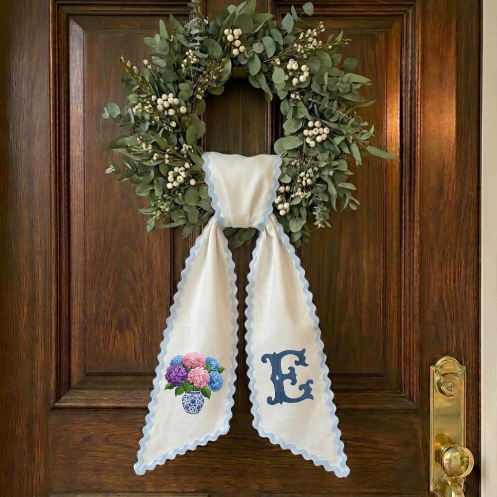 Hydrangea Monogram Wreath Sash Bow for Front Door, Flowers Vase Personalized Initial Name, Monogramed Embroidered Ribbon with Adjustable Bow Knot Farmhouse Door Wreath Decor, Gift for Family Friends