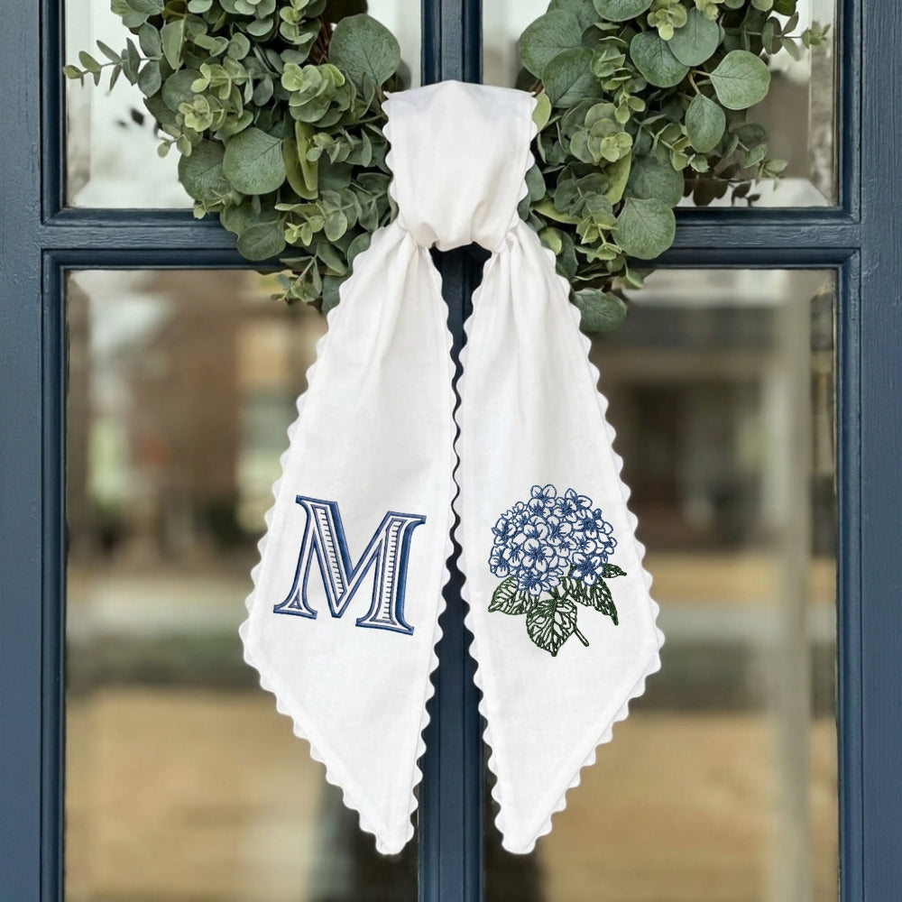 Monogram Wreath Sash Bow for Front Door, Personalized Initial Name, Blue Hydrangea Monogramed Embroidered Ribbon with Adjustable Bow Knot Farmhouse Door Wreath Decor, Gift for Family Friends