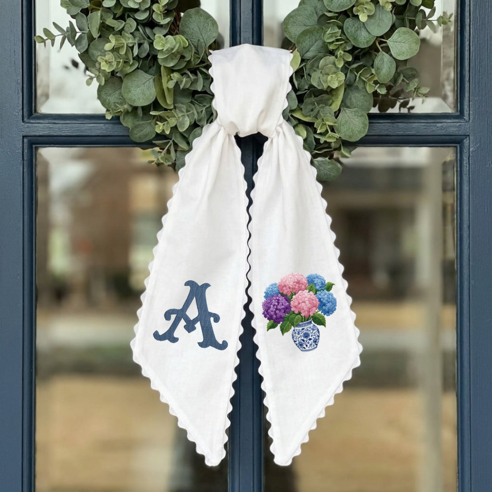 Hydrangea Monogram Wreath Sash Bow for Front Door, Flowers Vase Personalized Initial Name, Monogramed Embroidered Ribbon with Adjustable Bow Knot Farmhouse Door Wreath Decor, Gift for Family Friends