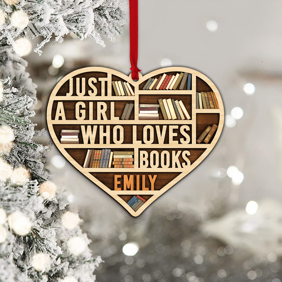 MeMate Book Lovers Heart Ornament, Personalized Christmas Book Ornament, Custom Name 3D Wooden 2 Layers Booklovers Ornament, Just a Girl Who Loves Books Christmas Keepsake, Book Club Decoration