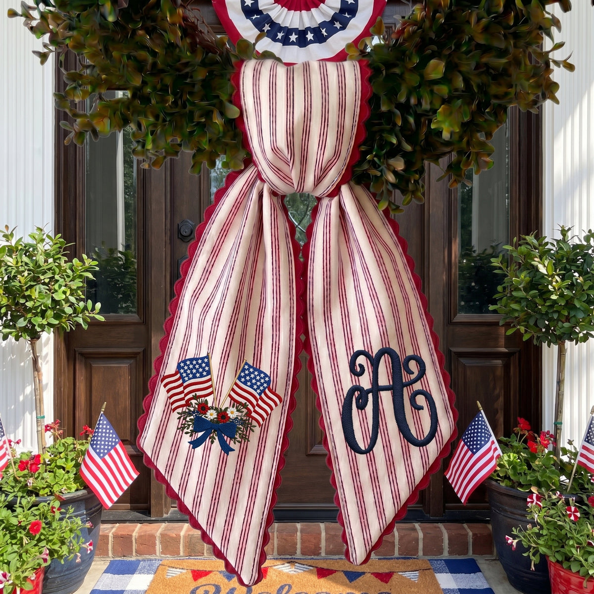 Patriotic Wreath Sash 54x5 Inch, America Wreath Sash for Front Door, Personalized Embroidered Monogram Sash, Independence Day Front Door Decor, US Flag with Bow Wreath Sashes