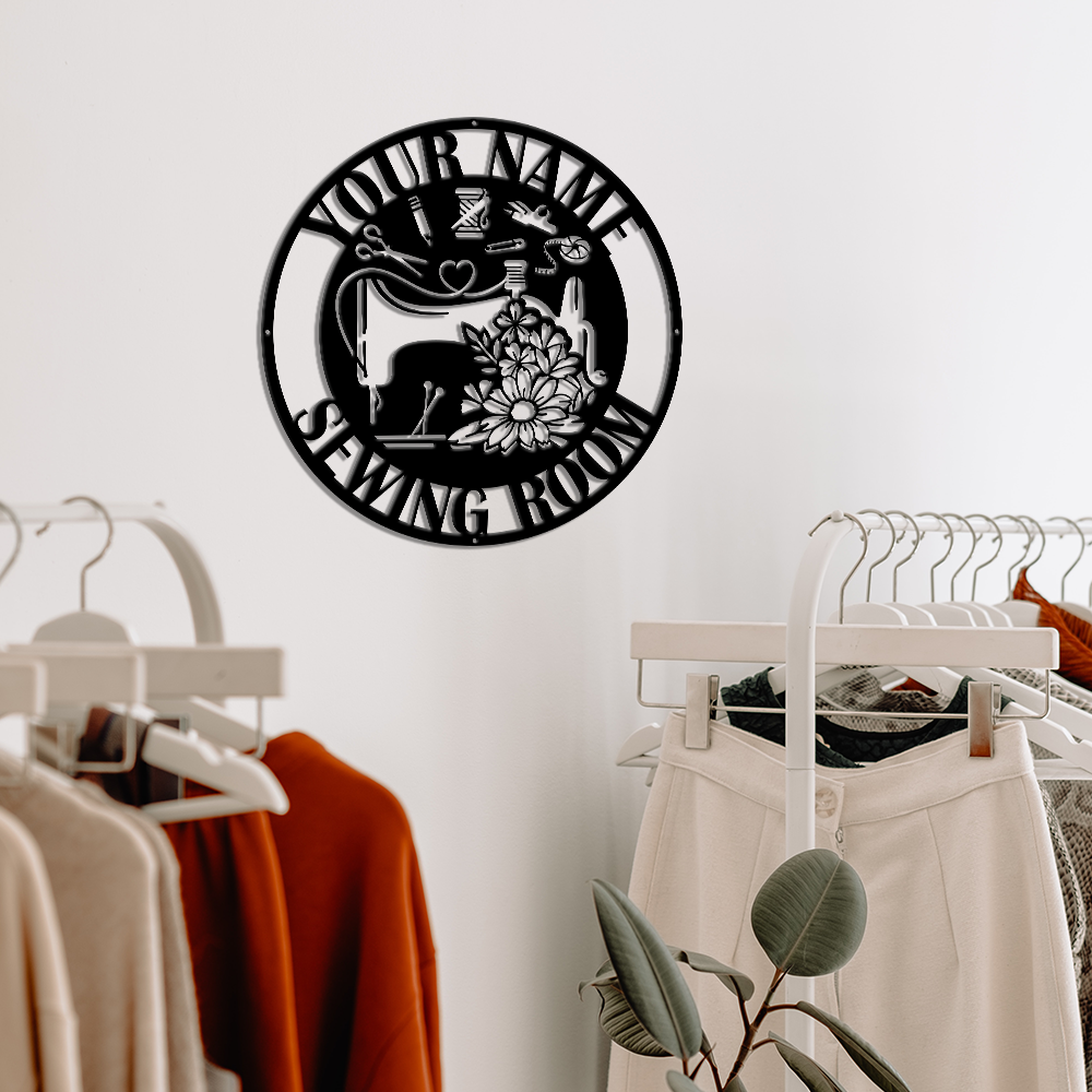 MeMate Sewing Room Sign 5 Sizes, Custom Craft Room Décor Metal Signs for Women, Retro Style Craft Room, Personalized Sewing Door Signs, Vintage Plaque for Sewing Room, Quilting Room Decoration (Round Flowers)