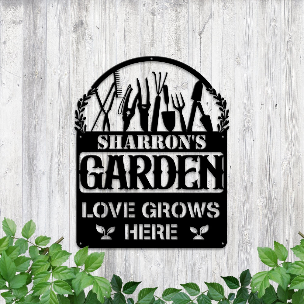 MeMate Garden Sign Outdoor Decor Love Grows Here, Personalized Metal Sign for Backyard, Patio, Garden Porch, Deck, Large Metal Sign