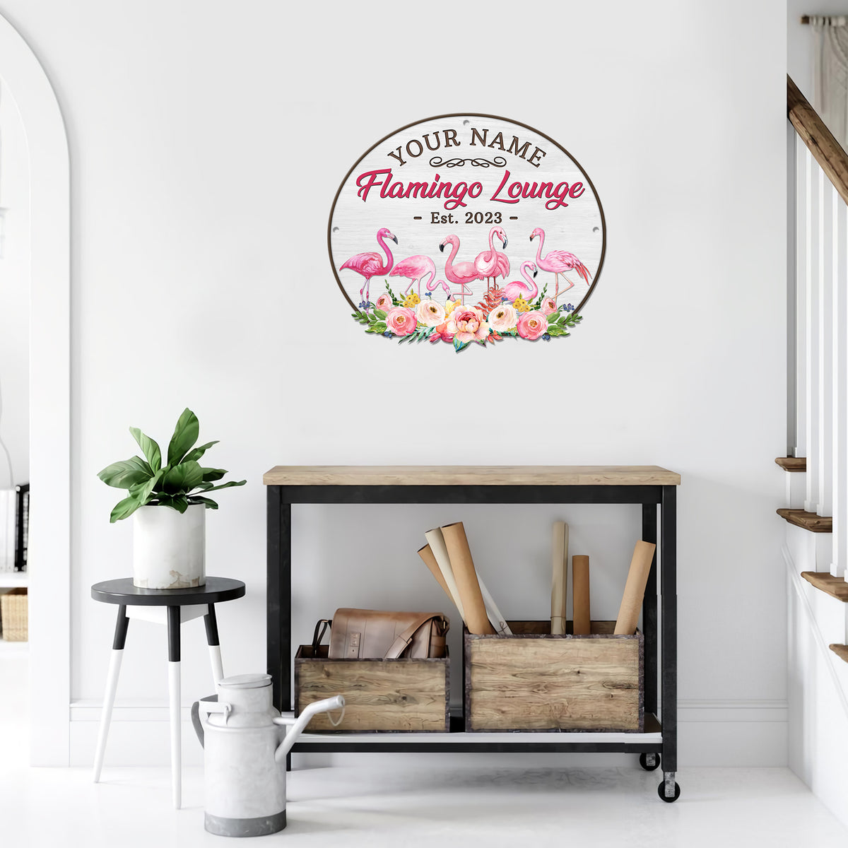 MeMate Flamingo House Metal Sign, Flamingo Lounge Signs, Flamingo House Outdoor Décor, Personalized Flamingo Tropical Sign, Flamingo Metal Sign Housewarming Gift for Family Friend