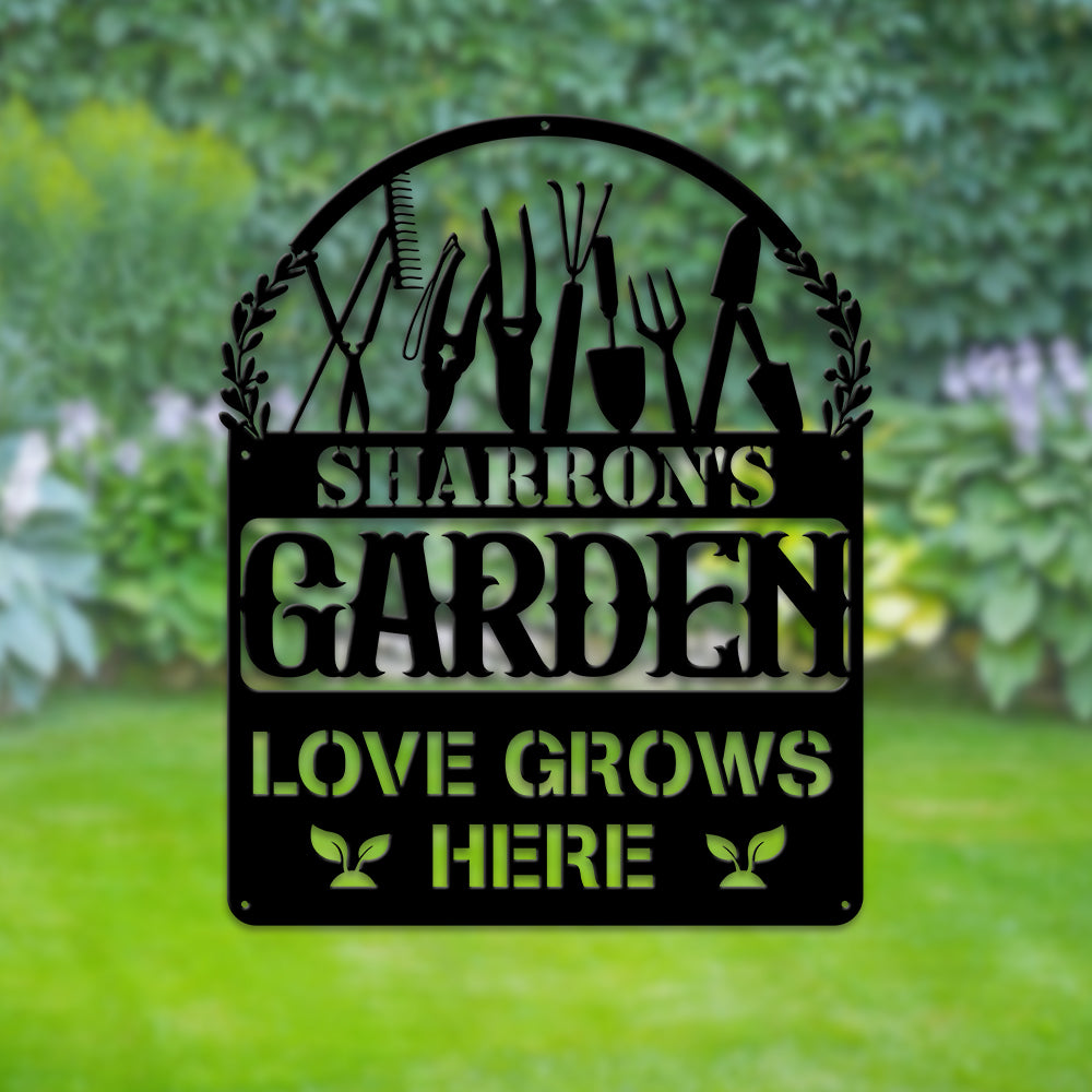 MeMate Garden Sign Outdoor Decor Love Grows Here, Personalized Metal Sign for Backyard, Patio, Garden Porch, Deck, Large Metal Sign