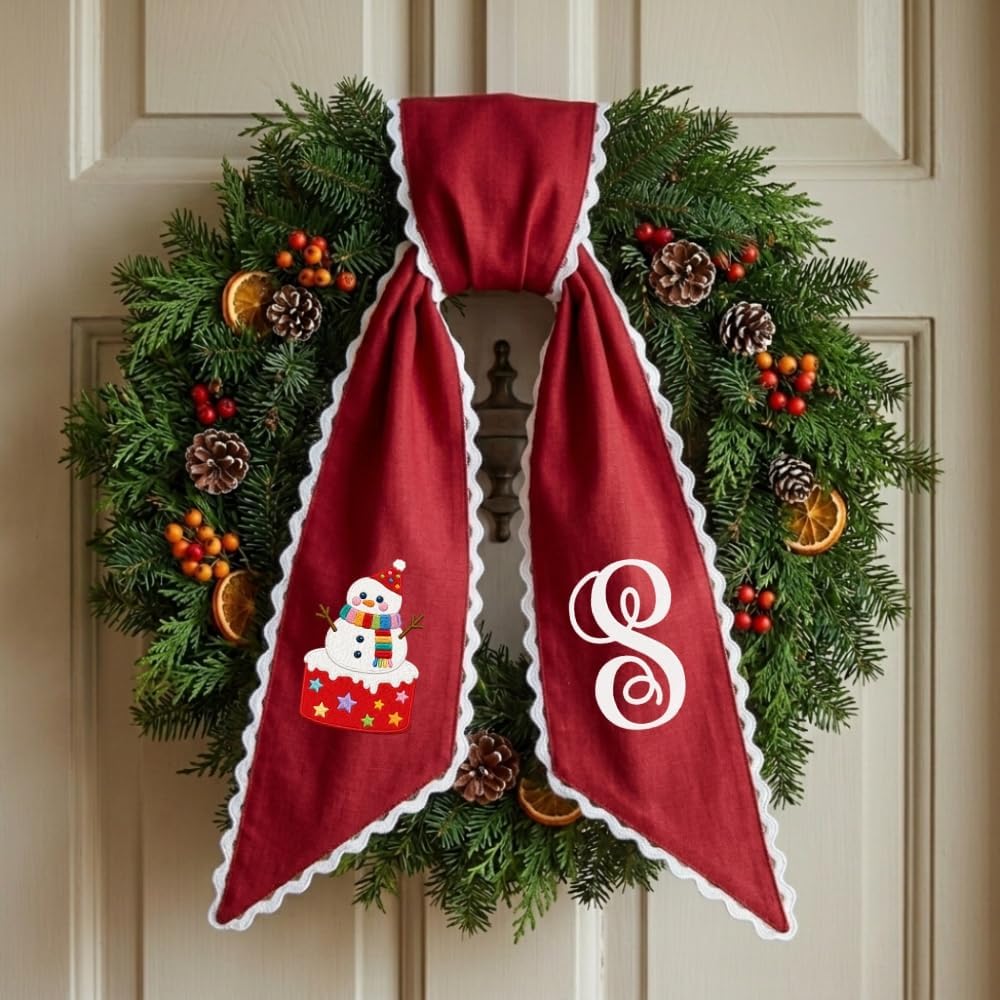 Personalized Christmas Wreath Sash, Custom Monogram Embroidery, 54x5 in - Snowman — photo 2