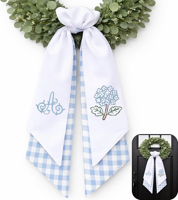Monogram Wreath Sash Bow for Front Door, Hydrangea Wreath Ribbon with Adjustable Bow Knot Farmhouse Door Wreath Decor, Flowers Monogram Embroidered Sash for Holiday,Wedding,Memorial