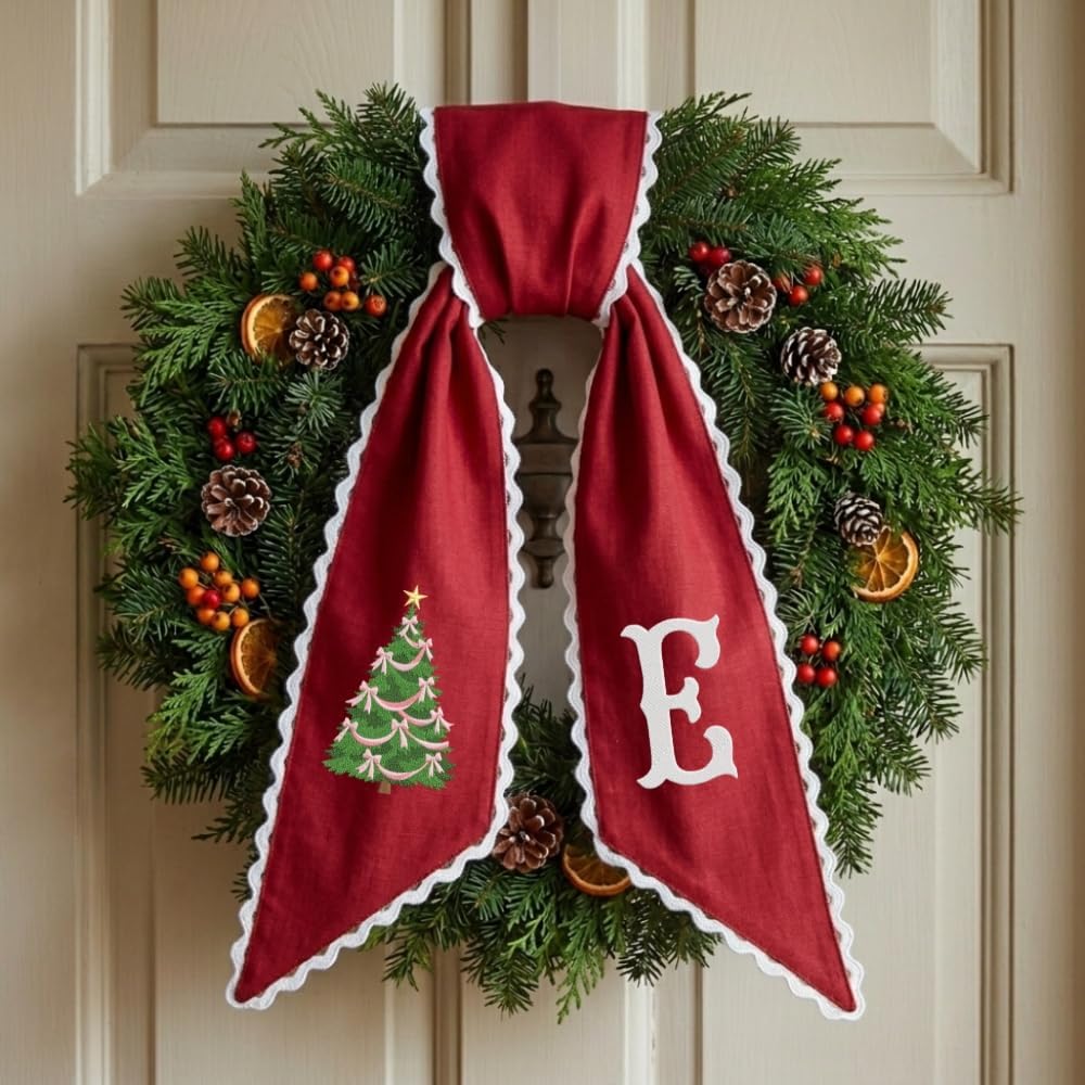 Personalized Christmas Wreath Sash, Custom Monogram Embroidery, 54x5 in - Ribbon & Christmas Tree — photo 1