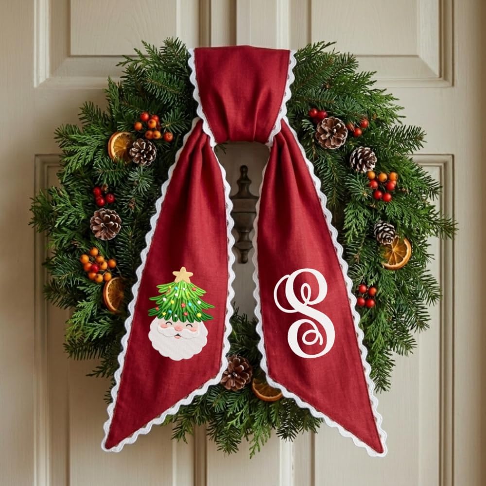 Personalized Christmas Wreath Sash, Custom Monogram Embroidery, 54x5 in - Santa Claus & Tree — photo 1