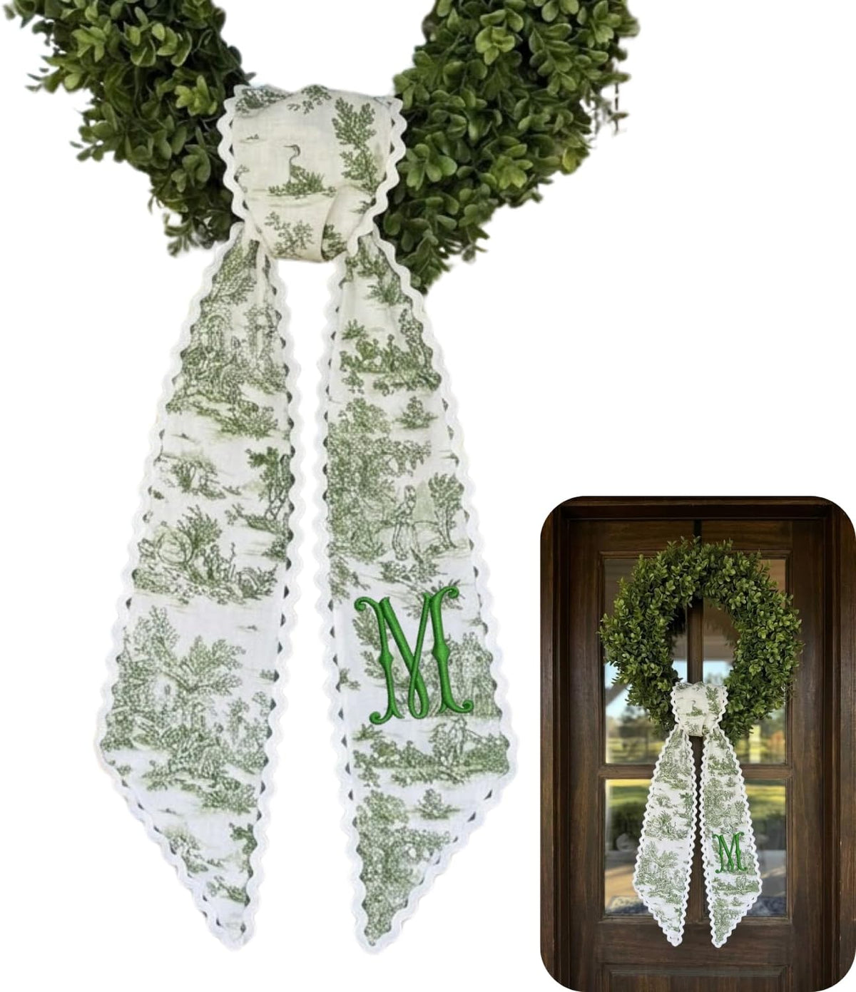 Monogram Wreath Sash Bow for Front Door, Green Toile Wreath Ribbon with Adjustable Bow Knot Farmhouse Door Wreath Decor Monogram Embroidered Sash for Holiday