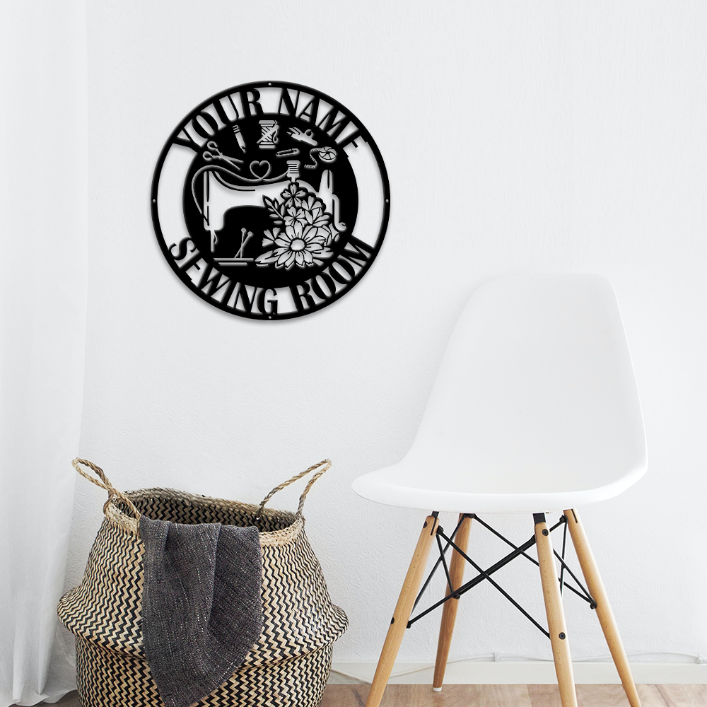 MeMate Sewing Room Sign 5 Sizes, Custom Craft Room Décor Metal Signs for Women, Retro Style Craft Room, Personalized Sewing Door Signs, Vintage Plaque for Sewing Room, Quilting Room Decoration (Round Flowers)