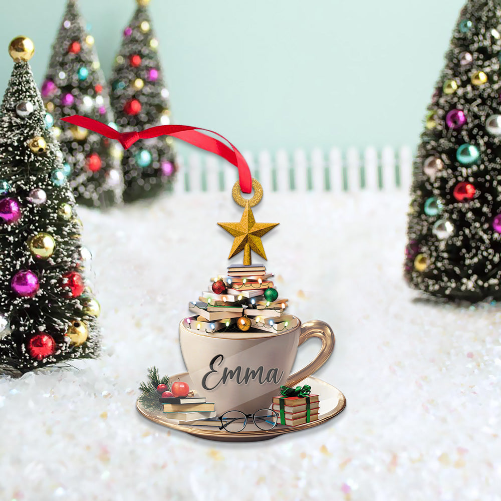 MeMate Personalized Book Ornaments, Books and Coffee Ornament, Custom Name Book Lovers Ornament, Booklovers Ornament for Christmas Tree, Books Christmas Ornaments Keepsake Decoration for Book Club Family Friends