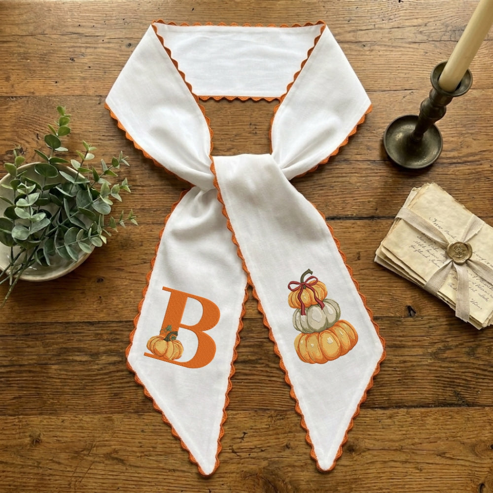 Fall Wreath Sash Bow, Personalized Initial Wreath Sashes 54x5 in, Autumn Wreath Ribbon for Front Door, Monogram Garland Accessories, Farmhouse Door Wreath Decor, Pumpkins Monogram Embroidered Sash