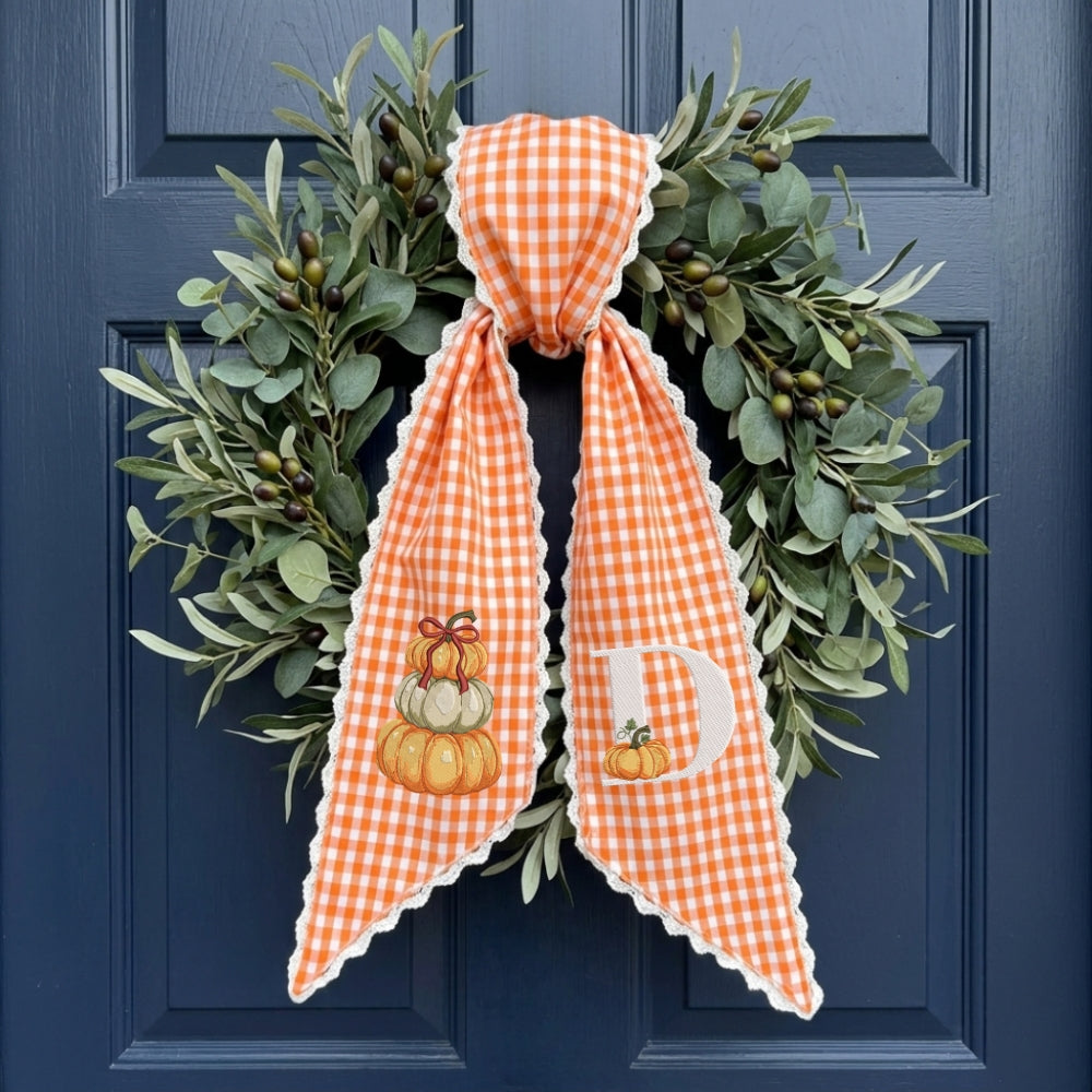 Fall Wreath Sash Bow, Personalized Initial Wreath Sashes 54x5 in, Autumn Wreath Ribbon for Front Door, Monogram Garland Accessories, Farmhouse Door Wreath Decor, Pumpkins Monogram Embroidered Sash