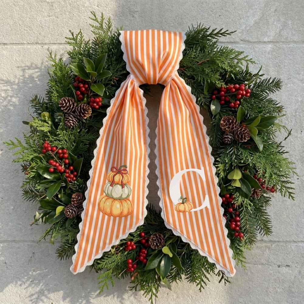 Fall Wreath Sash Bow, Personalized Initial Wreath Sashes 54x5 in, Autumn Wreath Ribbon for Front Door, Monogram Garland Accessories, Farmhouse Door Wreath Decor, Pumpkins Monogram Embroidered Sash