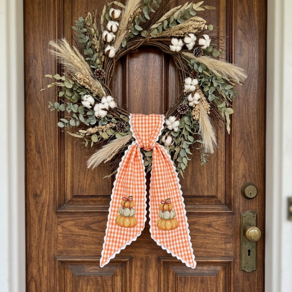Fall Wreath Sash Bow, Personalized Initial Wreath Sashes 54x5 in, Autumn Wreath Ribbon for Front Door, Monogram Garland Accessories, Farmhouse Door Wreath Decor, Pumpkins Monogram Embroidered Sash