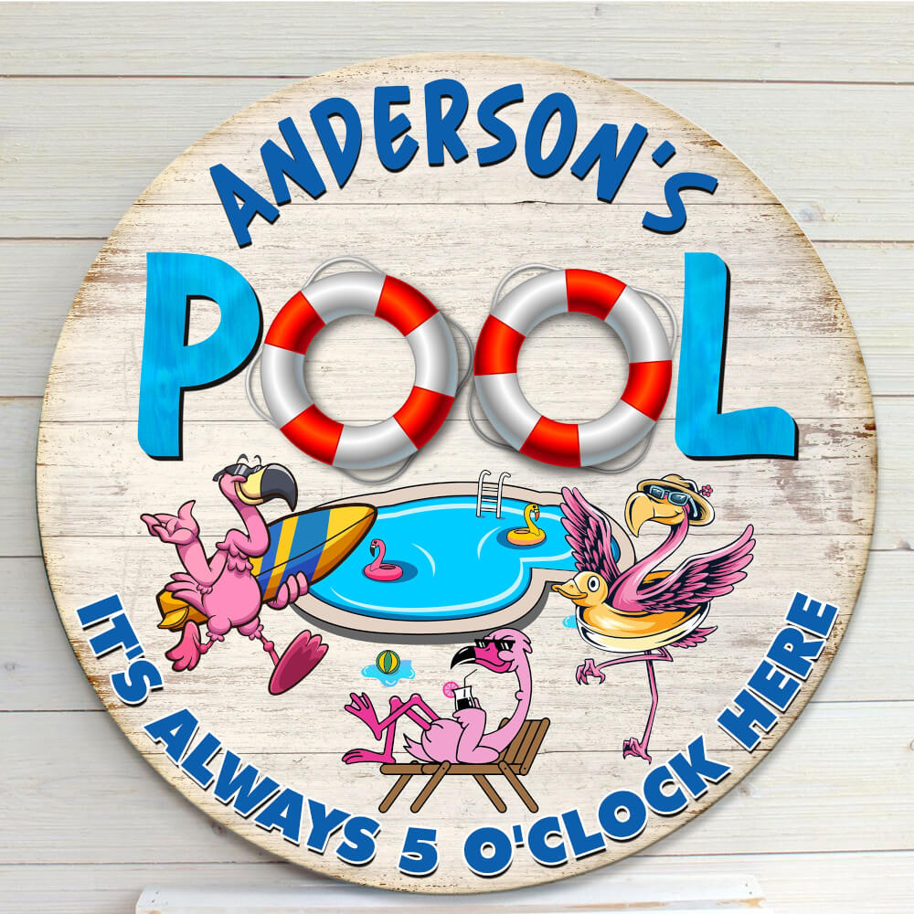 MeMate Pool Signs Outdoor Decor, Personalized Name Wooden Pool Sign, Poolside Decor, It's Always 5 O'Clock Here Swimming Pool Decorations, Flamingo Swim Wood Plaque for Backyards Patio Housewarming