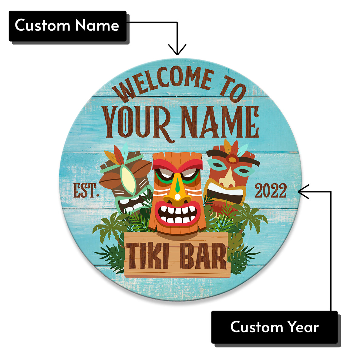 MeMate Tiki Bar Sign – Personalized Wooden Name Sign for Backyard, Patio, Tiki Lounge Decors, Beach Bar, Party Decorations – Custom Name Rustic Round Printed Wood Signs Wall Hanging Decorative