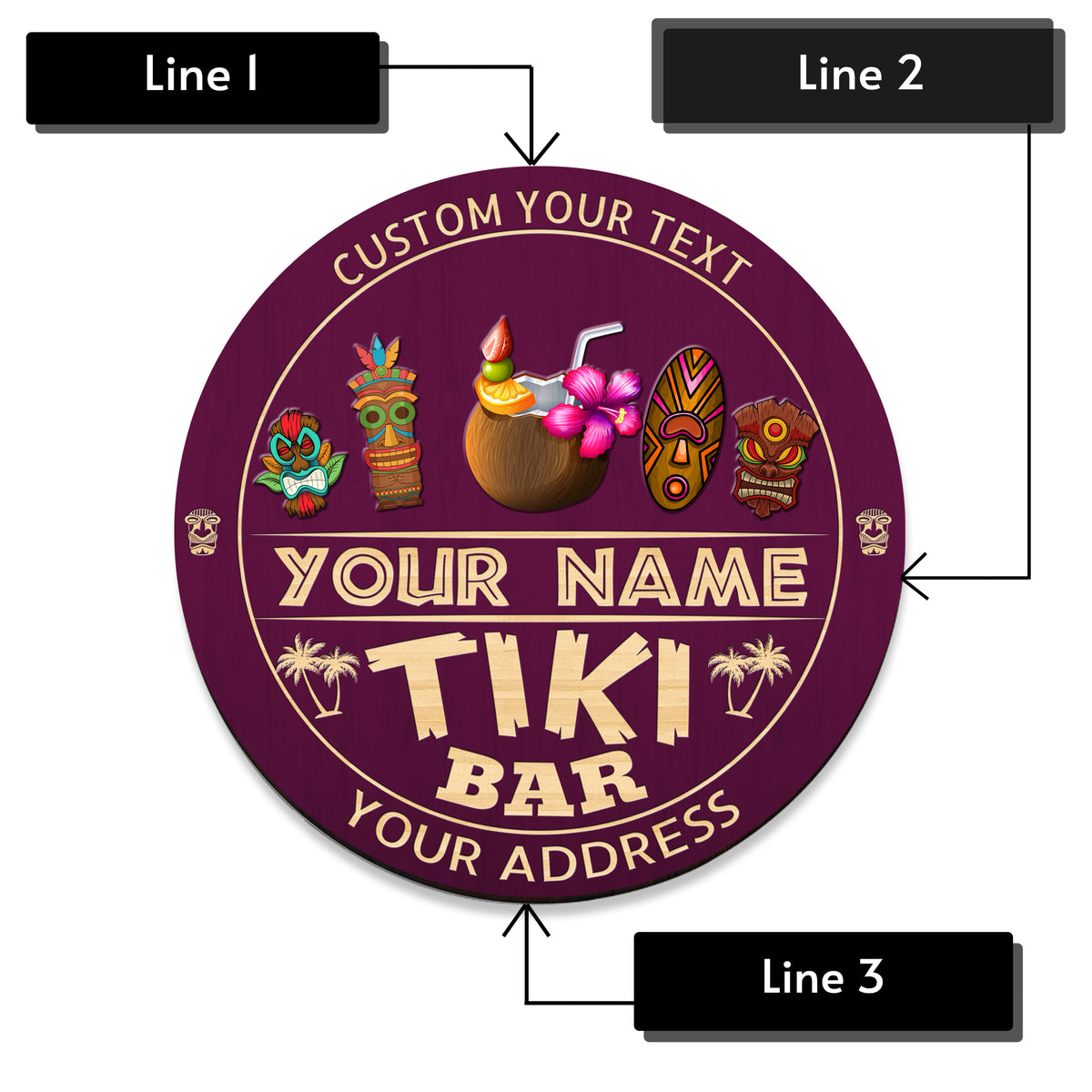 MeMate Custom Tiki Bar Sign - Personalized Wooden Name Sign for Tiki Lounge, Backyard, Patio, Beach Bar, Party Decors - Vintage Rustic Round Printed Wood Signs Wall Hanging Decorative