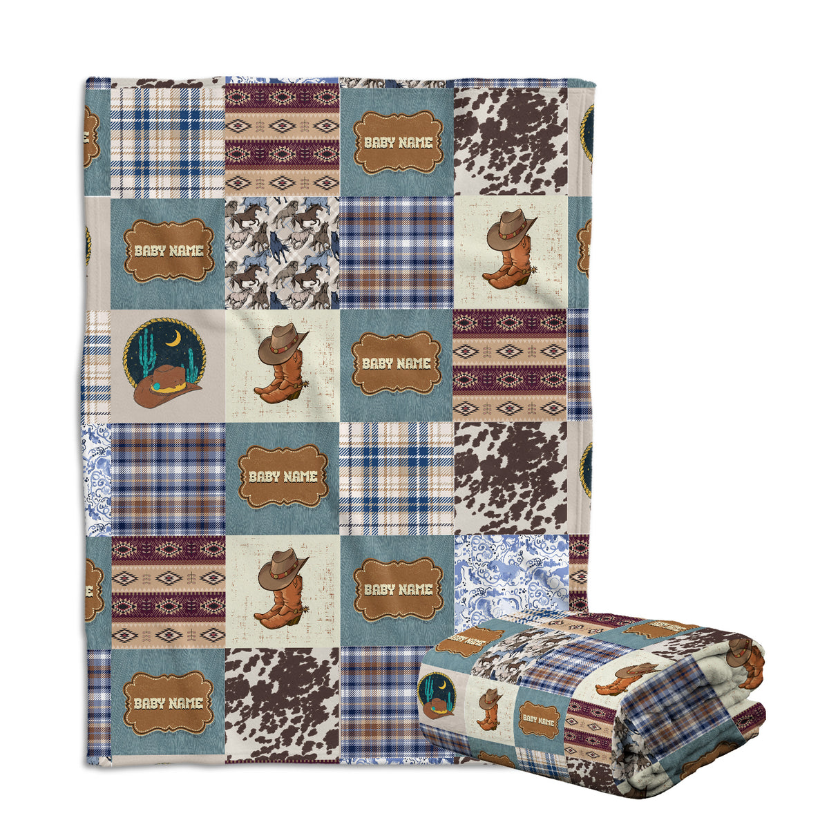 Baby Western Blankets, Cowboy Baby Blankets, Personalized Western Plaid Baby Blankets for Boys Girls, Baby Boy Stuff, Custom Baby Blankets Name Fleece Blankets for Infant Newborn Son Daughter
