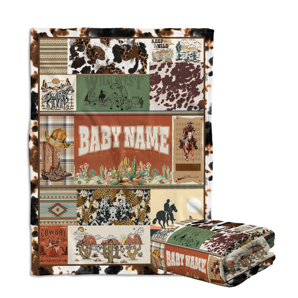 Baby Western Stuffs, Western Baby Blanket, Personalized Baby Blankets for Boys Girls, Cowboy Baby Blanket Name, Custom Name Baby Blankets, Swaddle Blanket with Cow Prints for Crib Stroller Bed Travel