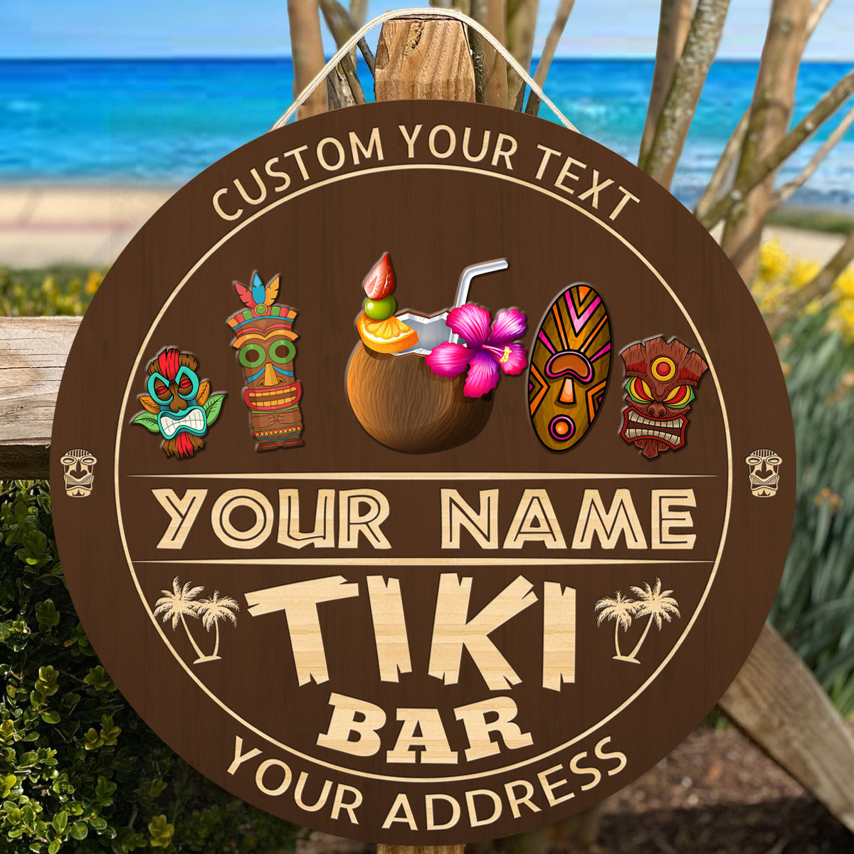 MeMate Custom Tiki Bar Sign - Personalized Wooden Name Sign for Tiki Lounge, Backyard, Patio, Beach Bar, Party Decors - Vintage Rustic Round Printed Wood Signs Wall Hanging Decorative