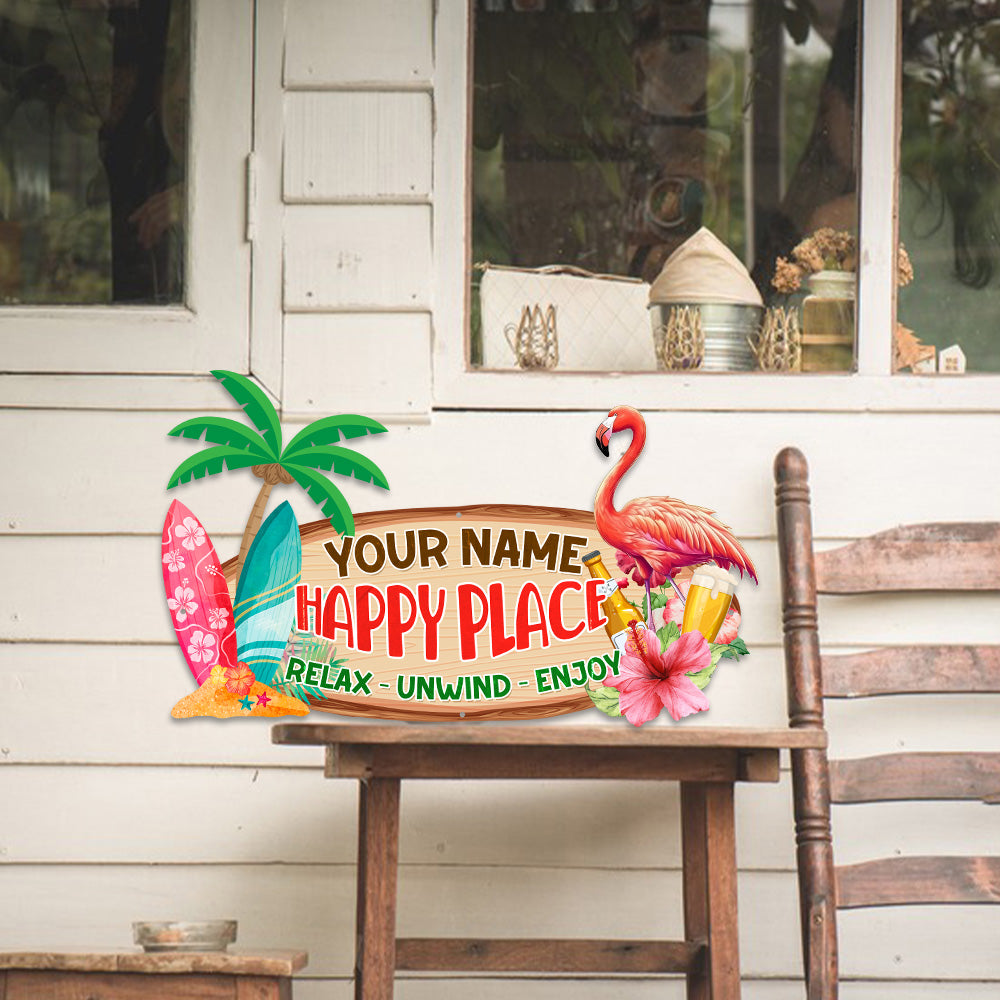 MeMate Flamingo Happy Place Signs, Flamingo House Outdoor Décor, Flamingo House Metal Sign, Personalized Flamingo Tropical Sign, Flamingo Metal Sign Housewarming Gift for Family Friend