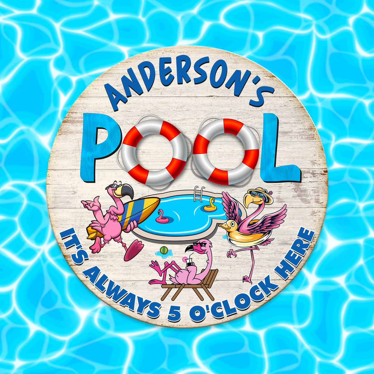 MeMate Pool Signs Outdoor Decor, Personalized Name Wooden Pool Sign, Poolside Decor, It's Always 5 O'Clock Here Swimming Pool Decorations, Flamingo Swim Wood Plaque for Backyards Patio Housewarming