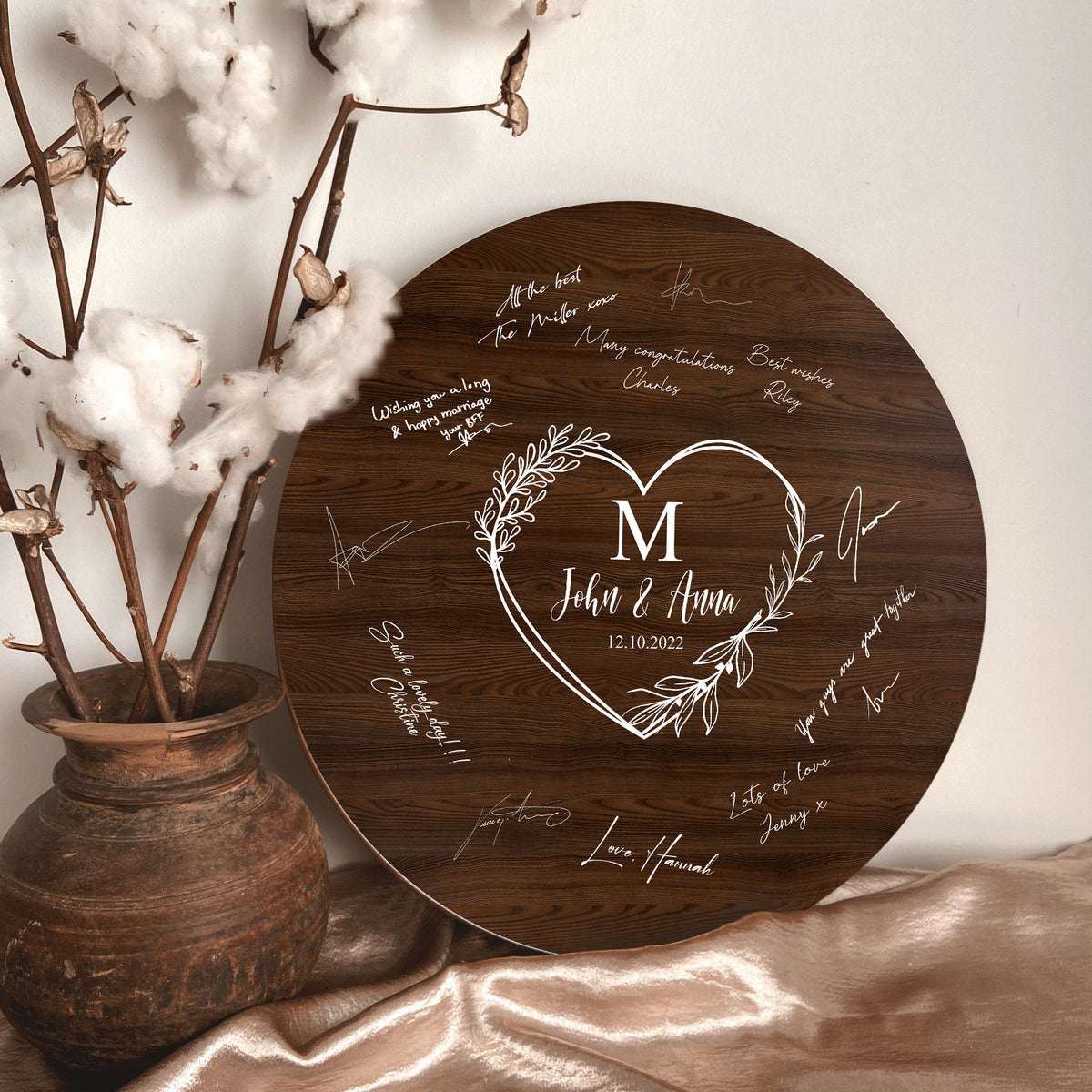 Memate Wedding Guestbook Alternative, Wedding Guest Books Personalized, Custom Signs Family Name Wedding Date for Couple, Wedding Guess Book Sign Board for Signature, Rustic Round Wooden Wedding Book Alternative 02