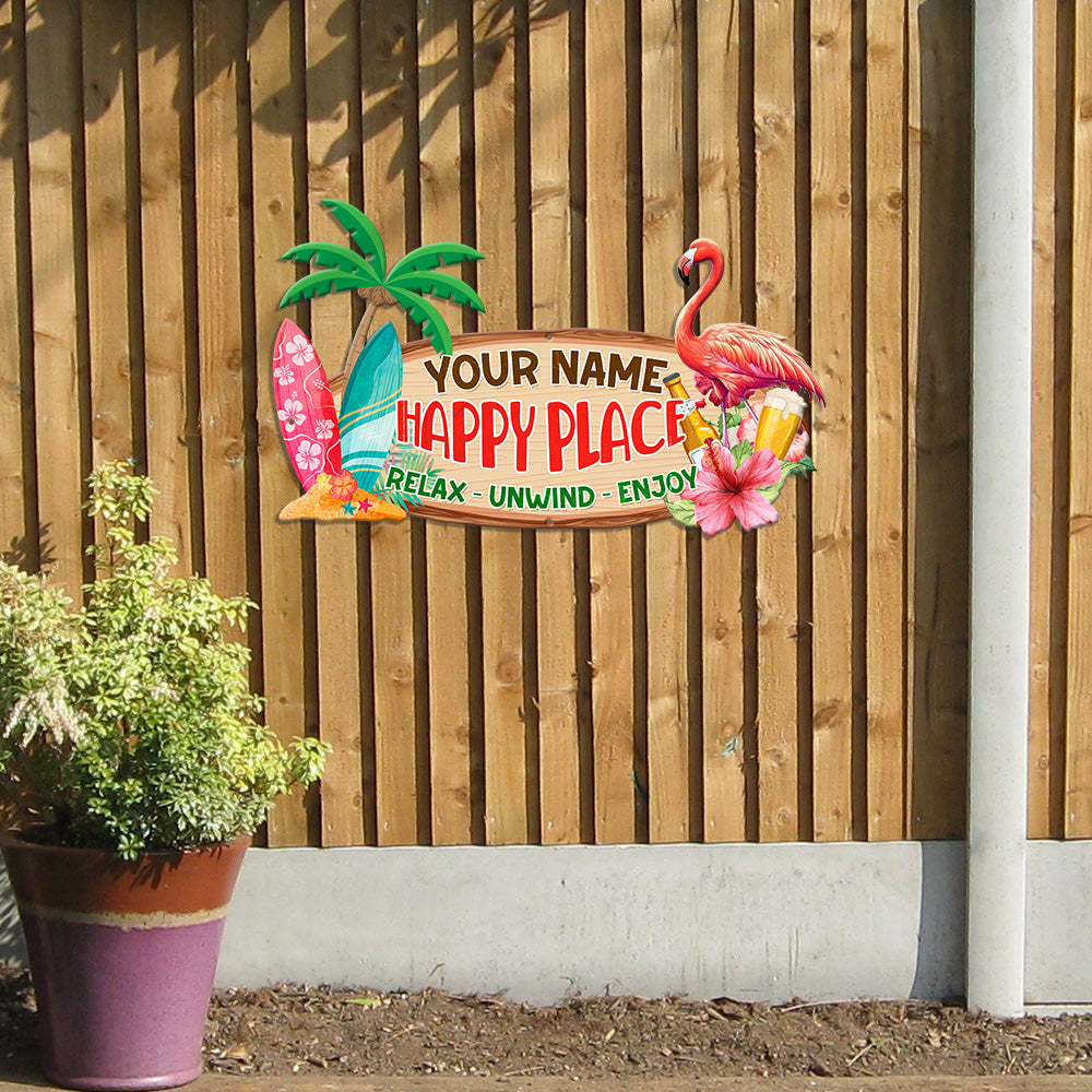 MeMate Flamingo Happy Place Signs, Flamingo House Outdoor Décor, Flamingo House Metal Sign, Personalized Flamingo Tropical Sign, Flamingo Metal Sign Housewarming Gift for Family Friend