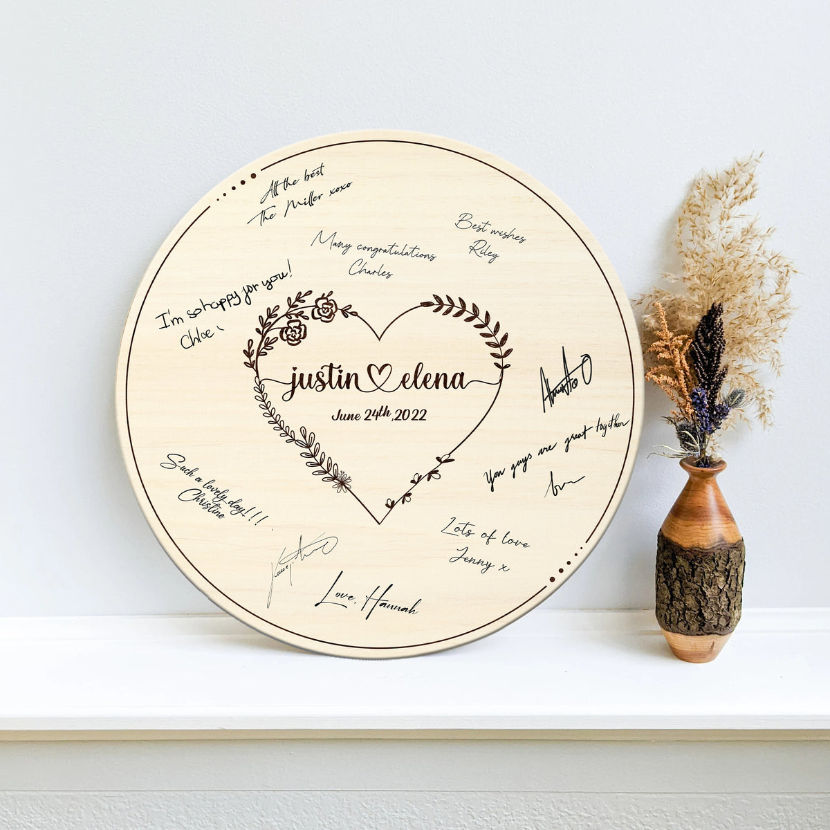 Memate Wedding Guestbook Alternative, Wedding Guest Books Personalized Family Name and Wedding Date, Heart Wooden Wedding Sign Board for Signature, Rustic Round Wooden Wedding Sign