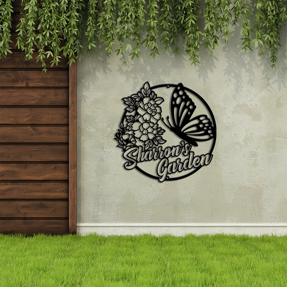 MeMate Personalized Metal Sign, Custom Garden Metal Signs Outdoor Décor, 8" - 24" Large Garden Signs Metal, Butterfly Sign, Butterfly Flowers Garden Signs to Personalize, Shed Shed Sign