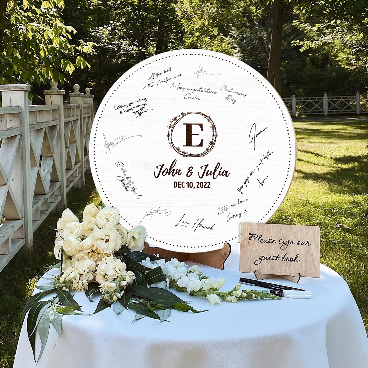 Memate Wedding Guestbook Alternative Personalized, Wedding Guest Books, Custom Wedding Signs Name Date, Wooden Wedding Guess Book Sign Board for Signature, Rustic Round Wedding Book Alternative 02