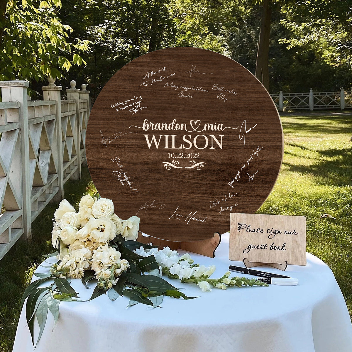 Memate Wedding Guestbook Alternative, Wedding Guest Books Personalized Family Name and Wedding Date, Wooden Wedding Sign Board for Signature, Rustic Round Wooden Wedding Signs