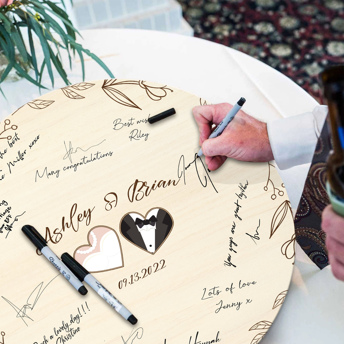 Memate Wedding Guestbook Alternative, Wedding Guest Books Personalized Bride and Groom Name Date, Wooden Wedding Sign Board for Signature, Custom Rustic Round Wooden Wedding Signs for Couples