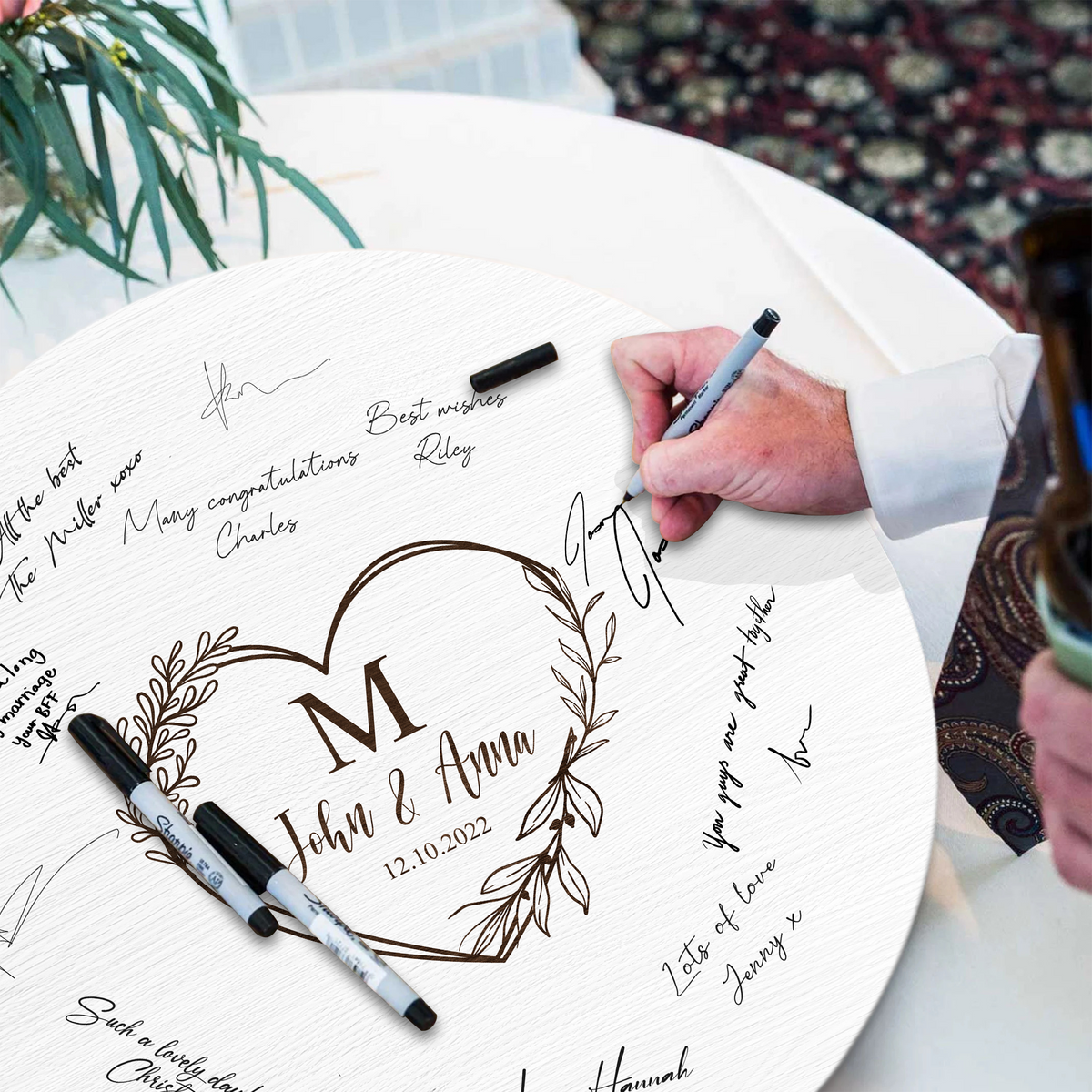 Memate Wedding Guestbook Alternative, Wedding Guest Books Personalized, Custom Signs Family Name Wedding Date for Couple, Wedding Guess Book Sign Board for Signature, Rustic Round Wooden Wedding Book Alternative 03