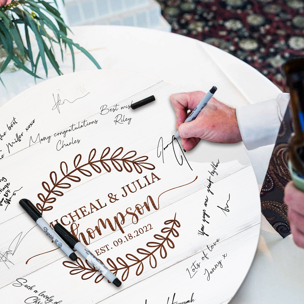 Memate Wedding Guestbook Alternative, Wedding Guest Books Personalized Family Name and Wedding Date, Wooden Wedding Sign Board for Signature, Rustic Round Wooden Wedding Sign