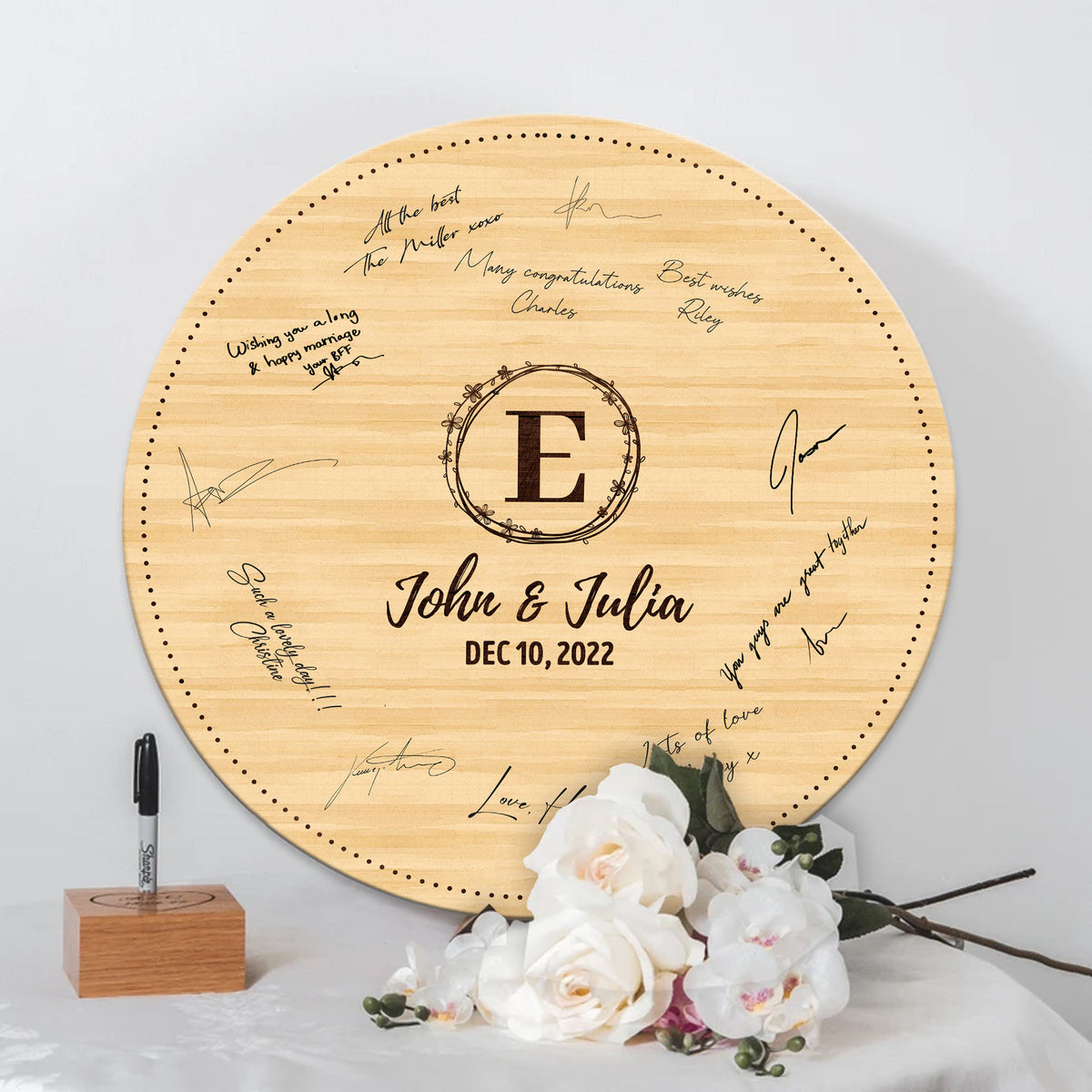 Memate Wedding Guestbook Alternative Personalized, Wedding Guest Books, Custom Wedding Signs Name Date, Wooden Wedding Guess Book Sign Board for Signature, Rustic Round Wedding Book Alternative 03