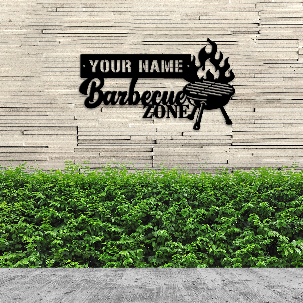 MeMate BBQ Sign, Barbecue Sign for Patio Decoration, BBQ Zone Patio Sign, Outdoor Decor, Personalized Metal Sign for Backyard, Custom Name Signs for Backyard, Large Metal Sign for Outside, Housewarming Gifts