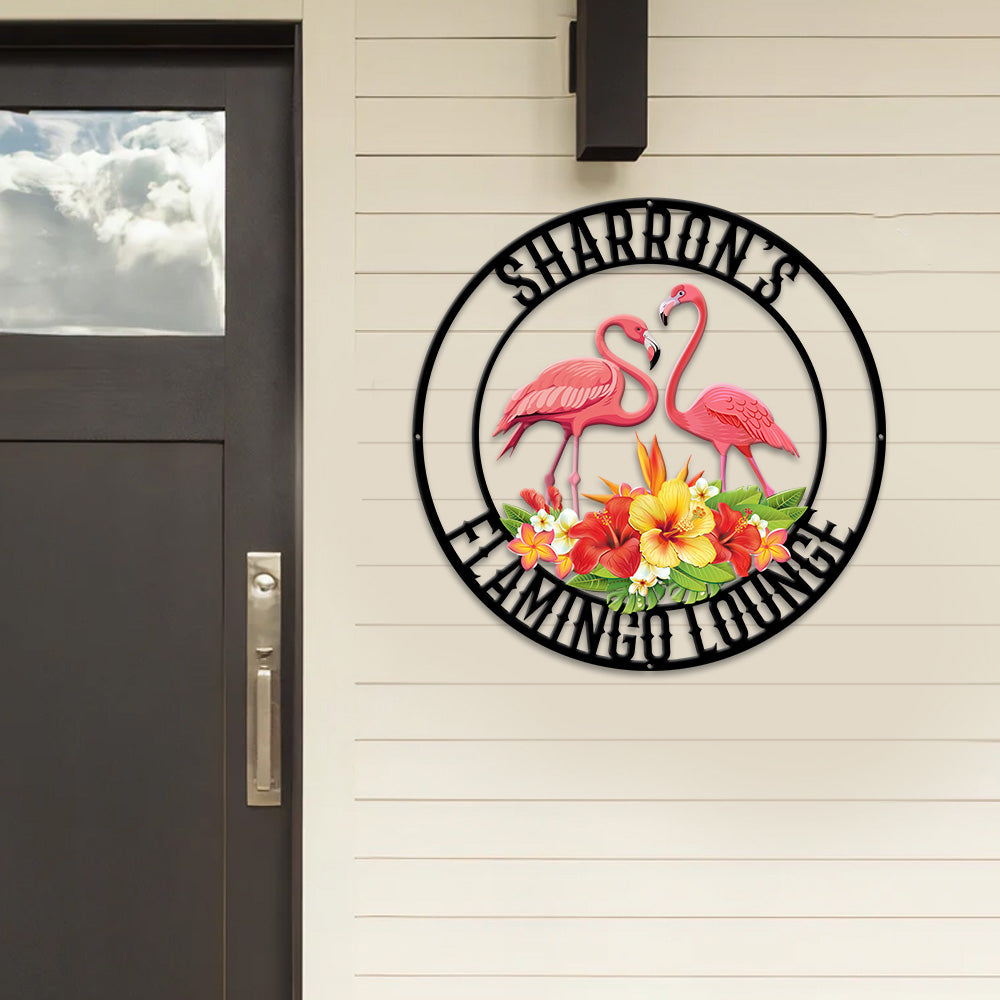 MeMate Flamingo Lounge Signs, Flamingo House Metal Sign, Personalized Flamingo Tropical Sign, Flamingo House Outdoor Décor, Flamingo Metal Sign Housewarming Gift for Family Friend
