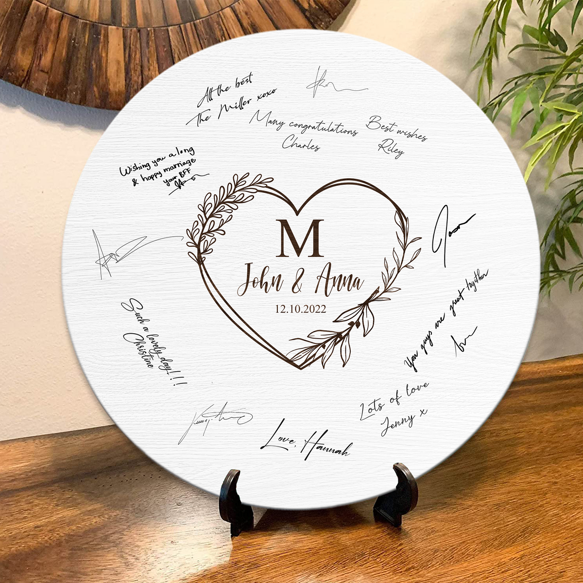 Memate Wedding Guestbook Alternative, Wedding Guest Books Personalized, Custom Signs Family Name Wedding Date for Couple, Wedding Guess Book Sign Board for Signature, Rustic Round Wooden Wedding Book Alternative 03