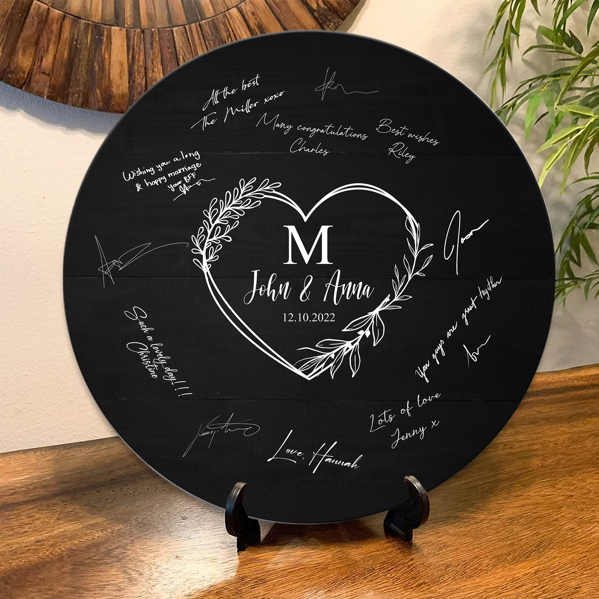 Memate Wedding Guestbook Alternative, Wedding Guest Books Personalized, Custom Signs Family Name Wedding Date for Couple, Wedding Guess Book Sign Board for Signature, Rustic Round Wooden Wedding Book Alternative 01