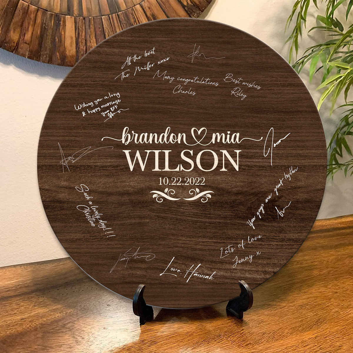 Memate Wedding Guestbook Alternative, Wedding Guest Books Personalized Family Name and Wedding Date, Wooden Wedding Sign Board for Signature, Rustic Round Wooden Wedding Signs