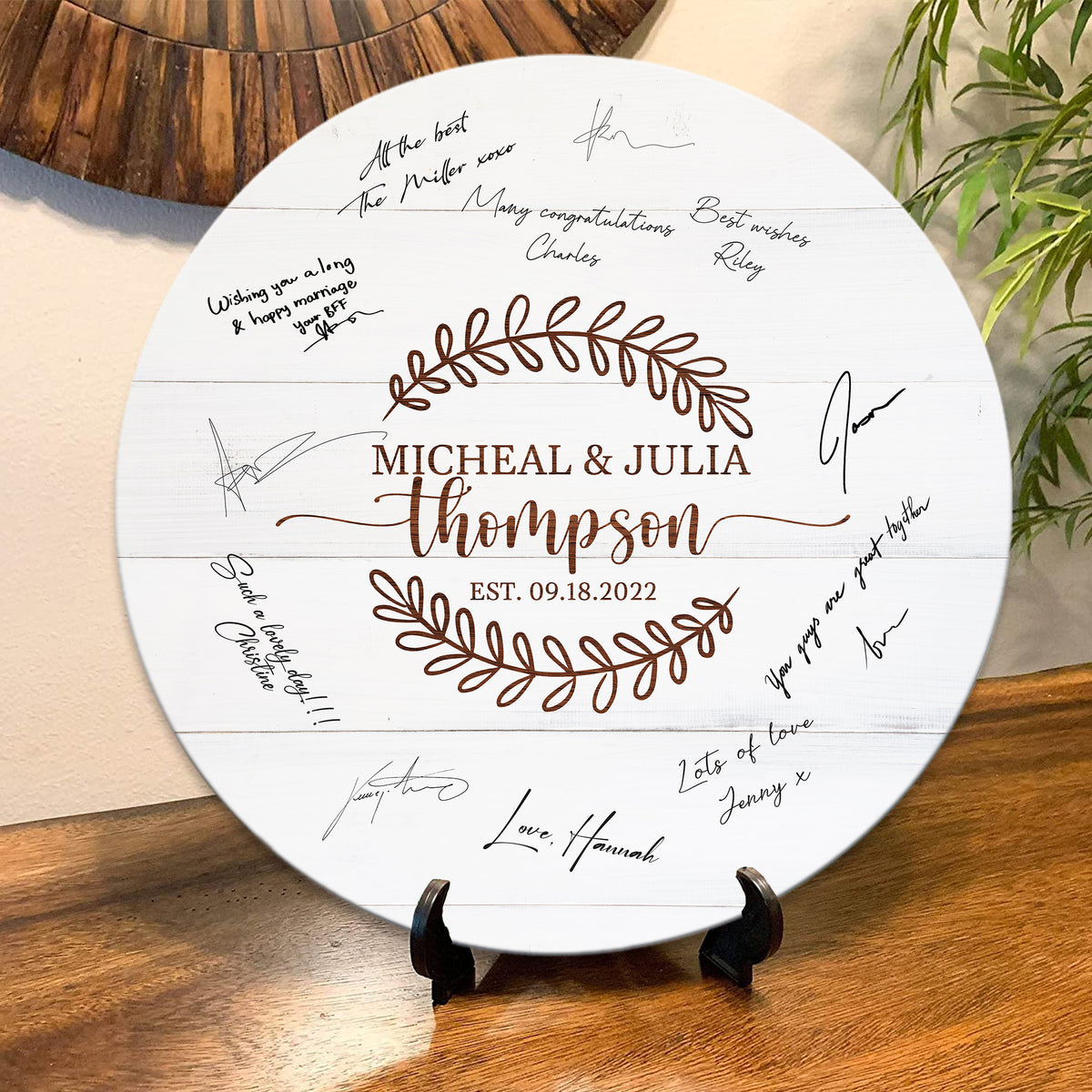 Memate Wedding Guestbook Alternative, Wedding Guest Books Personalized Family Name and Wedding Date, Wooden Wedding Sign Board for Signature, Rustic Round Wooden Wedding Sign