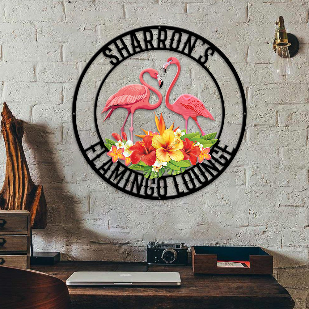 MeMate Flamingo Lounge Signs, Flamingo House Metal Sign, Personalized Flamingo Tropical Sign, Flamingo House Outdoor Décor, Flamingo Metal Sign Housewarming Gift for Family Friend